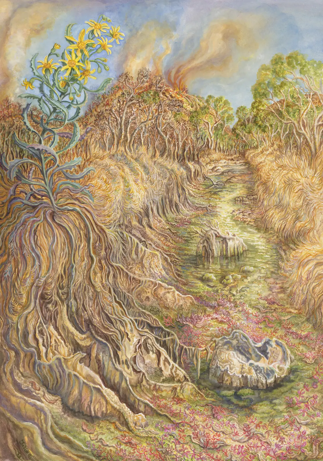 Artwork 56: Ellery Quintet: A Year in the Life of a Desert Oasis. II—From Drought to Fire